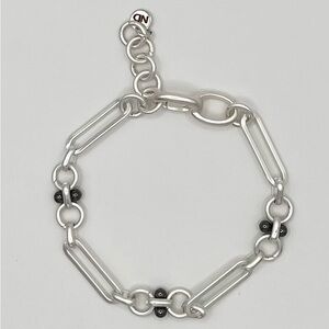 Silver Tone Paperclip Chain Bracelet with Black Bead Accents